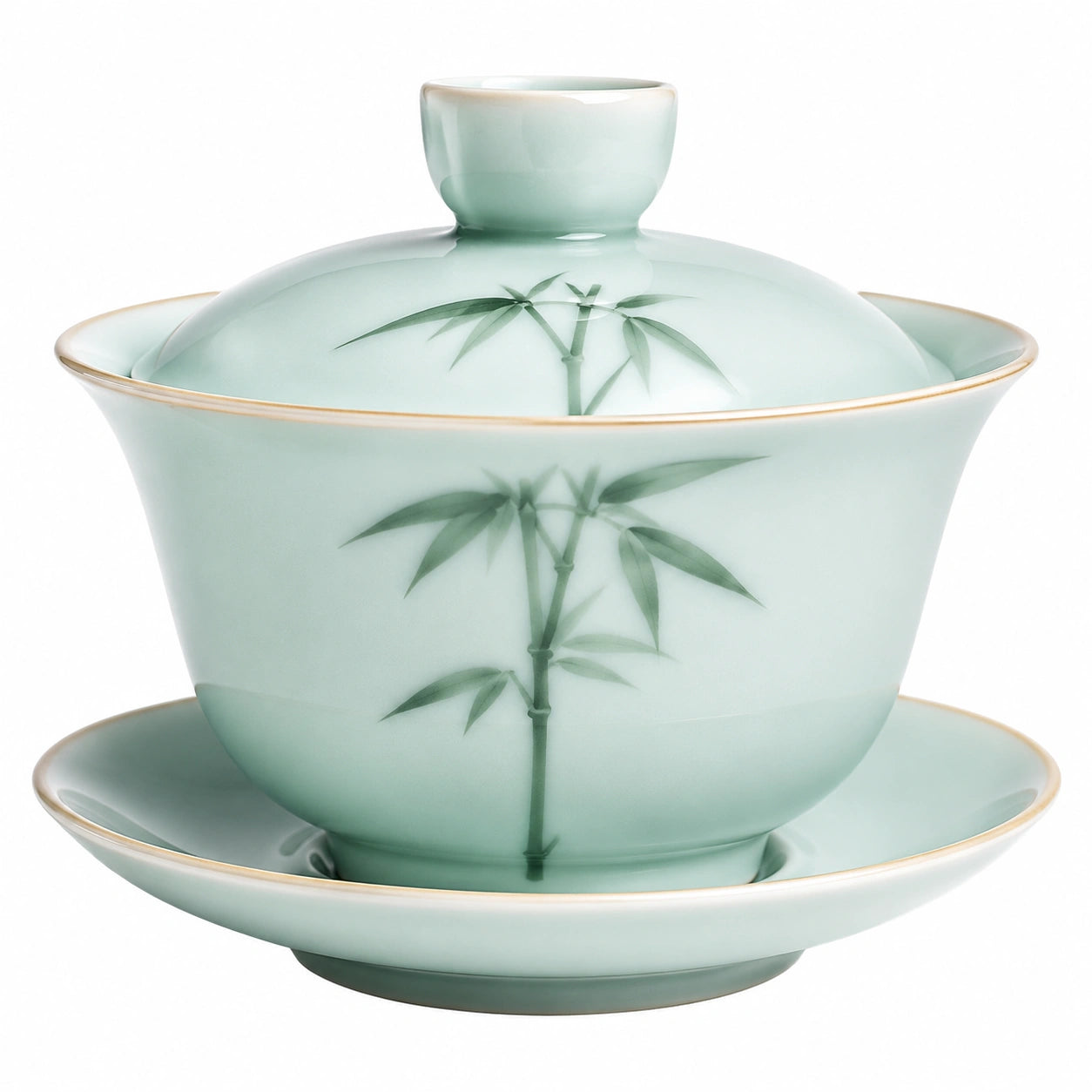 Gaiwan en porcelaine vert pastel avec motif de paysage montagneux