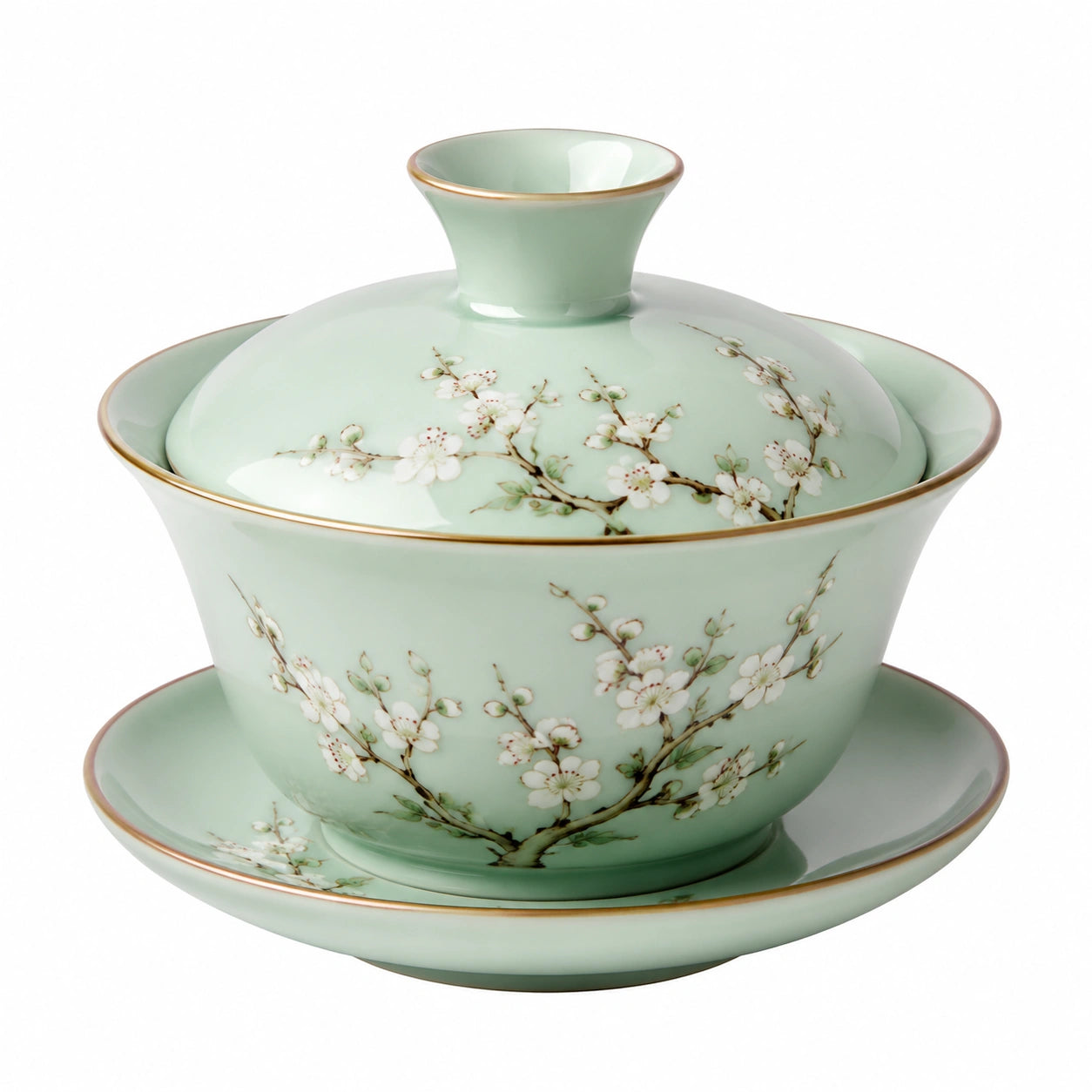 Gaiwan en Porcelaine Vert Céladon avec Motif Floral