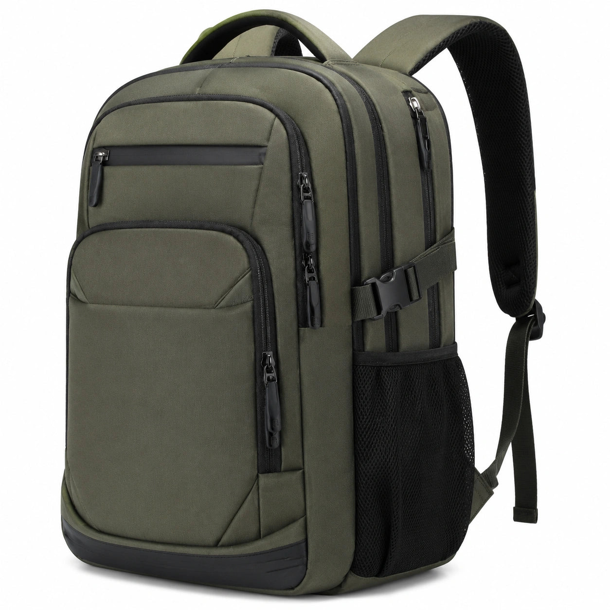 Sac à dos beige avec compartiment inférieur et poches extensibles