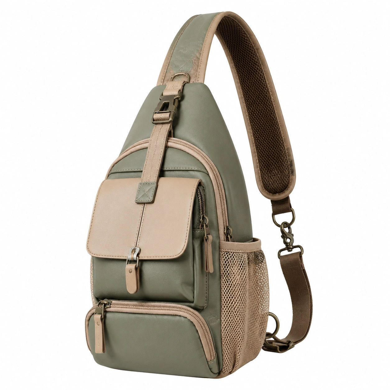 Sac à dos bandoulière décontracté vert olive et beige avec poches multiples