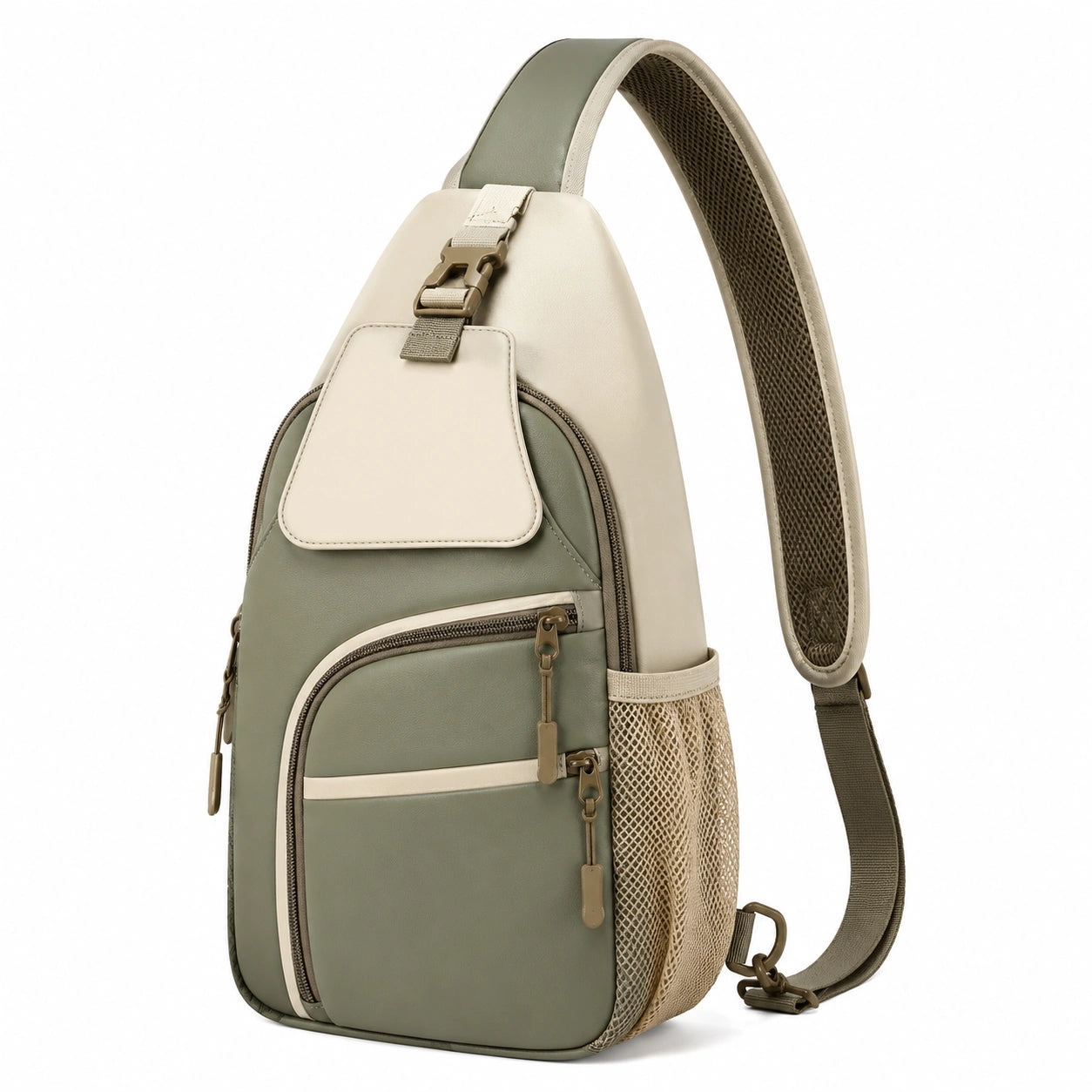 Sac bandoulière matelassé kaki et beige avec sangle réglable